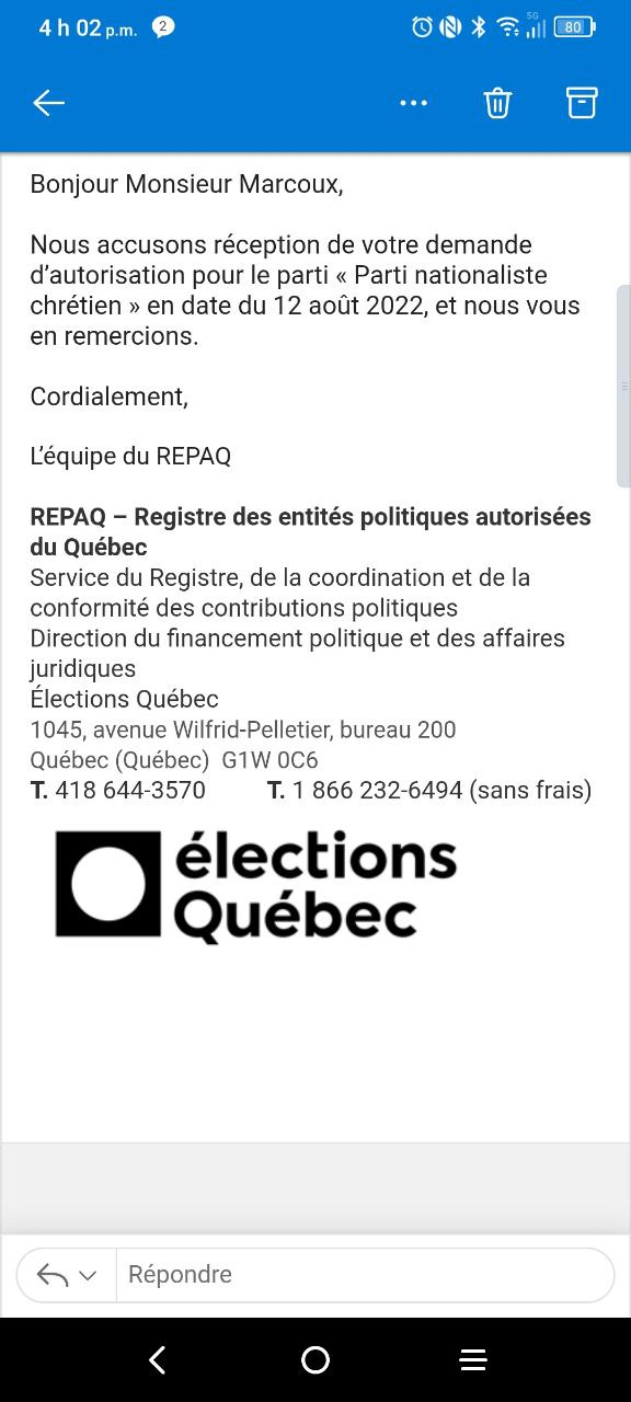 Accusé de réception de la demande officielle afin de faire reconnaître le PNC auprès du DGEQ