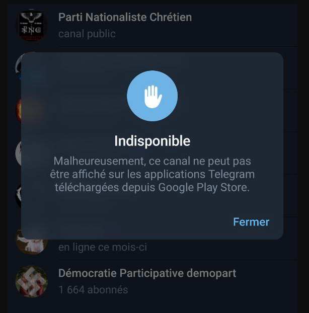 Google Play Store censure le canal Telegram du PNC