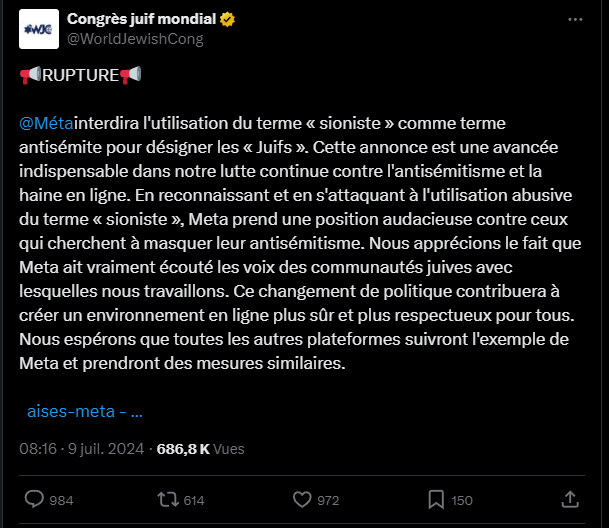 Meta-Facebook/Instagram/Zuckerberg sous lobbying juiverie mondialiste interdira la judéo-critique du «sionisme qui dirige le monde ou contrôle les médias» en tant que «discours de haine»